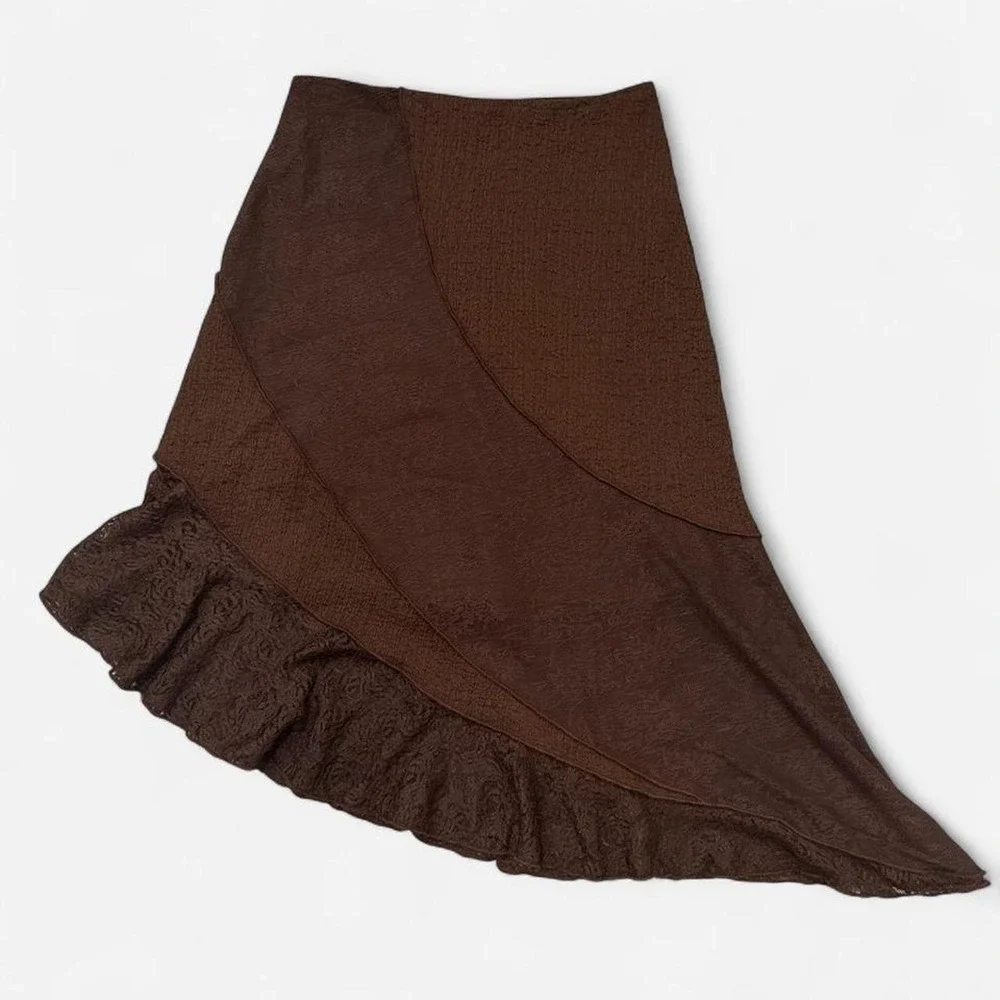 y2k whimsigoth chocolate brown asymmetrical ruffle skirt S‎